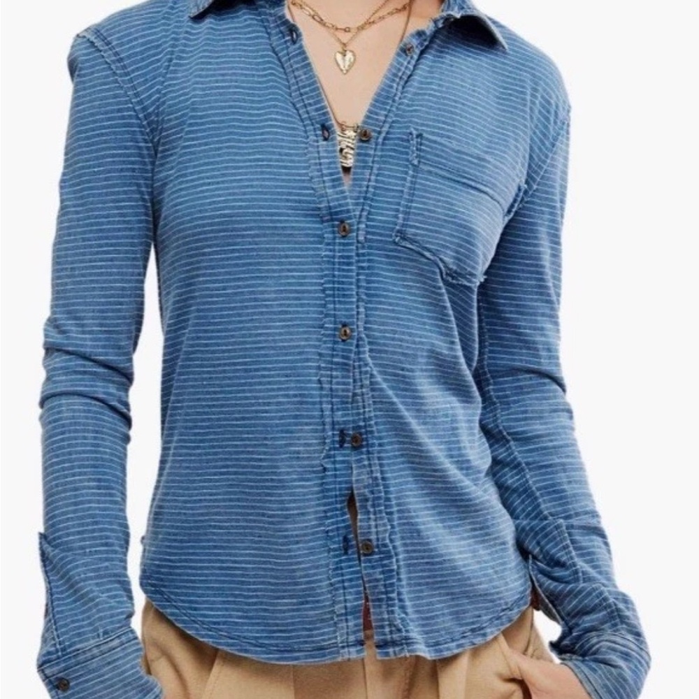 Free People Blue Striped Button Down Shirt